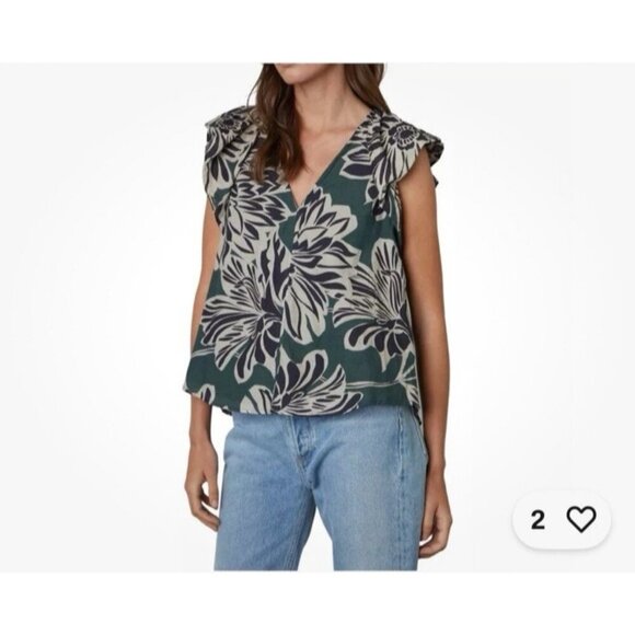 Velvet By Graham & Spencer Kadence Top Green Floral V-Neck Cap Sleeve Size XS - Picture 1 of 13